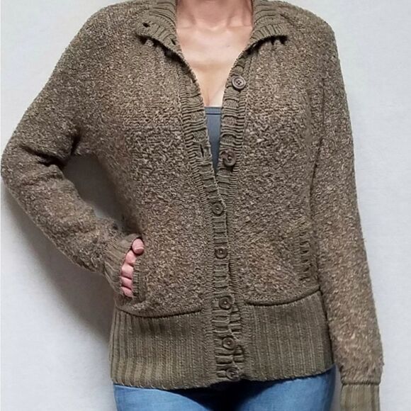 𝅺RARE Retro Moda International Brown Popcorn Boucle Wool Blend Ribbed Cardigan - Picture 3 of 15